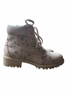 Women’s Cottagecore Beige Floral Lace-Up Ankle Boots Sz 7m